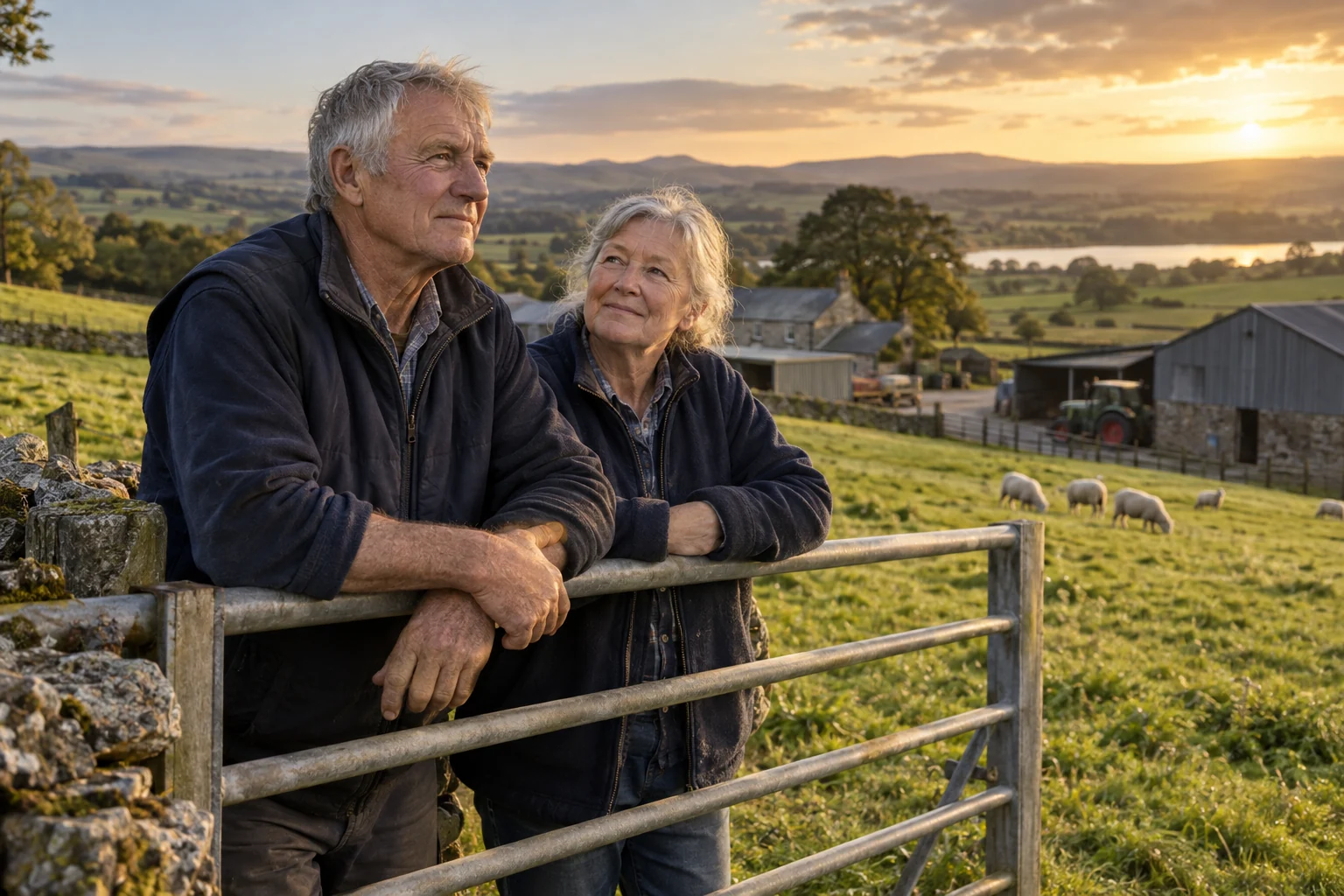 A farming couple looking out over land at the end of the day