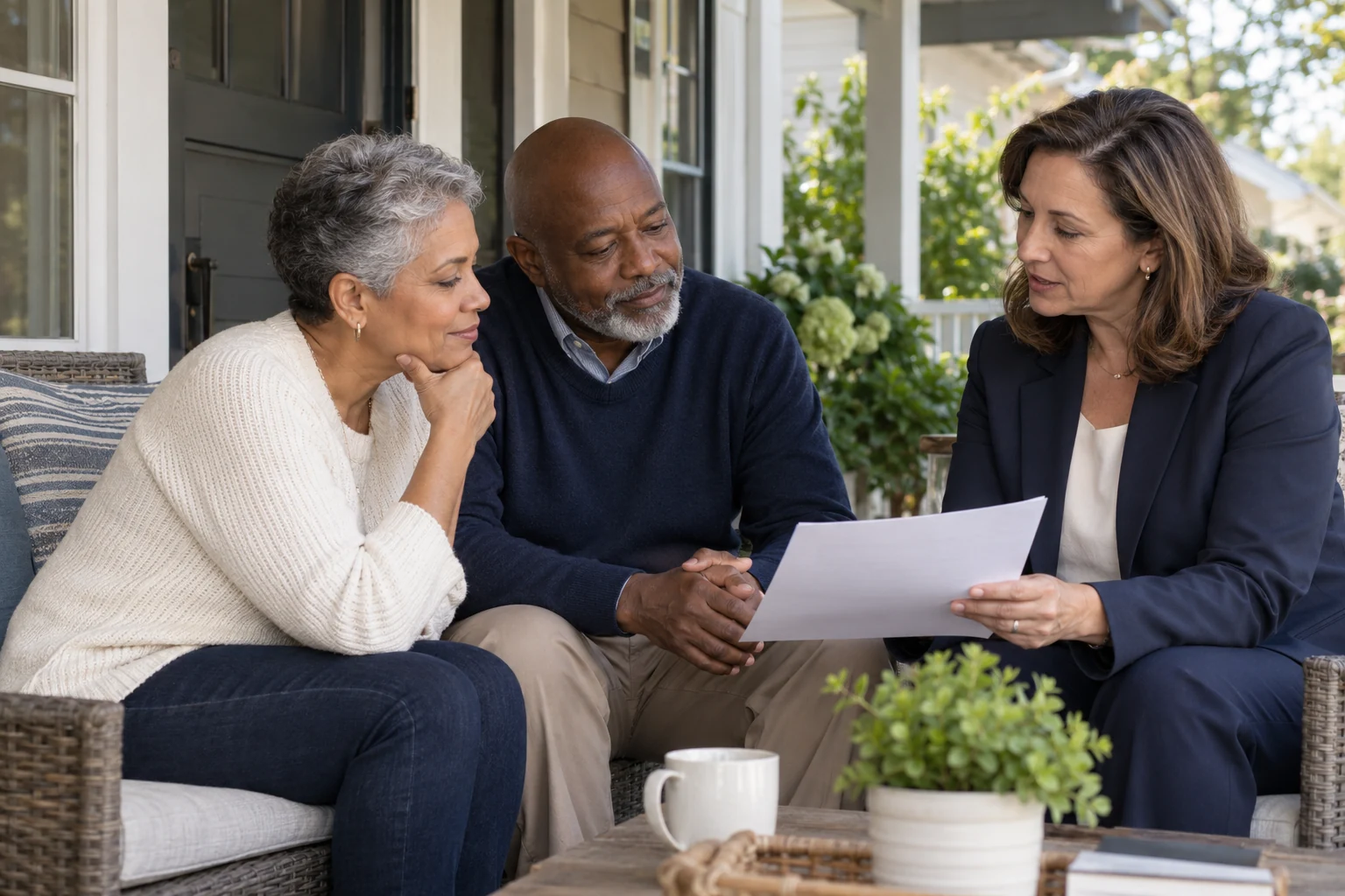 A couple and an advisor working through a decision together